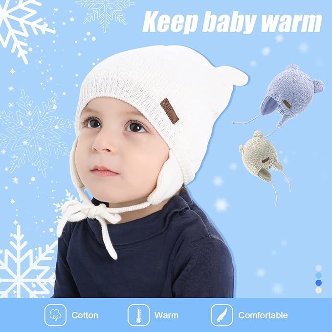 BAVST Baby Beanie Hat for Winter with Earfalp Cute Bear Kids Toddler Girls Boys Warm Knit Cap 0-2Years