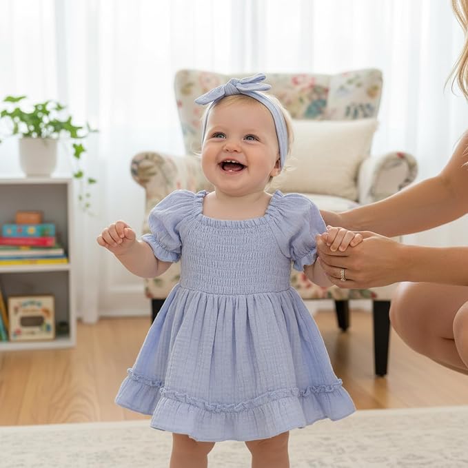 GRNSHTS Baby Girl Romper Dress, Puff Sleeve Smocked Outfit - Image 4