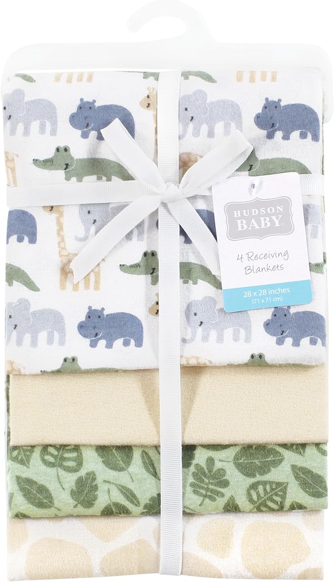 Hudson Baby Cotton Flannel Receiving Blankets 4-Pack, Wild Leaf Safari - Image 2