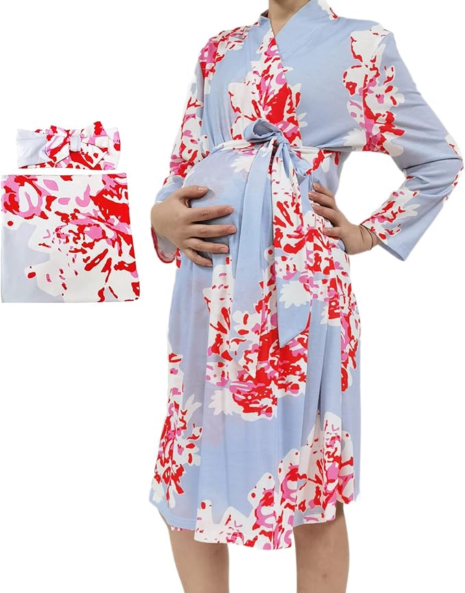 SUFEINI Maternity Robe and Matching Baby Swaddle Blanket Set, Mommy Robe by SUFEINI