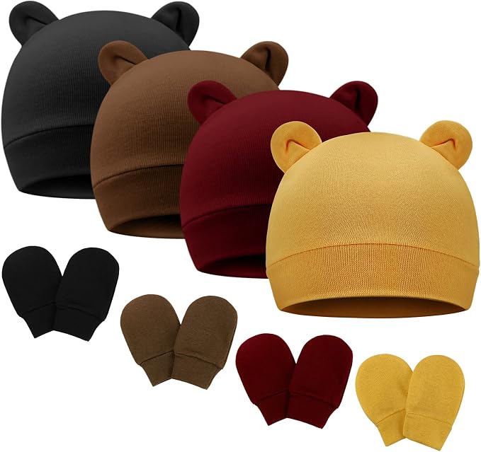 BQUBO Newborn Baby Bear Ears Hats and Mittens Sets Preemie Cotton Caps Baby Boy by DRESHOW