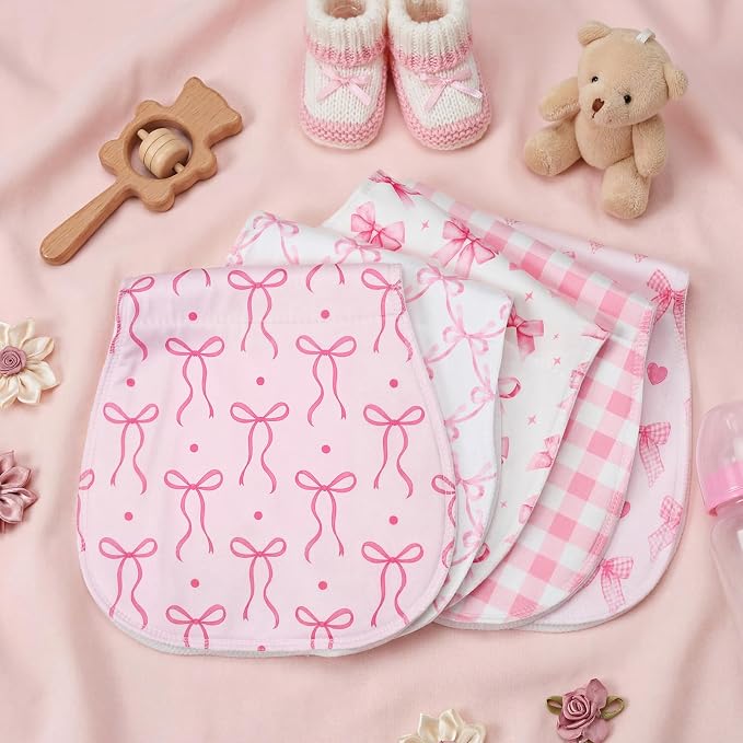 SmoothNovelty 5 Pack Pink Bow Baby Burp Cloths Soft Absorbent Burping Rags - Image 6