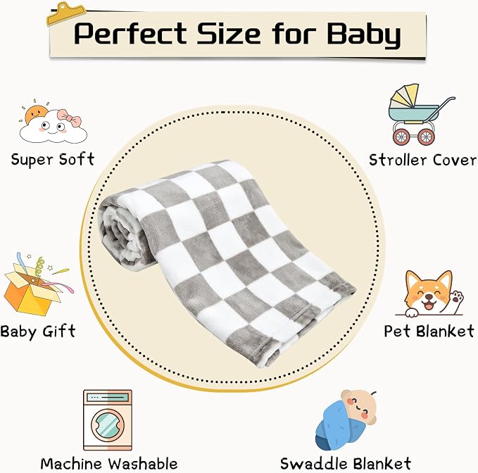 Yurhap Checkered Baby Blanket Fleece Baby Blankets Neutral - Image 7