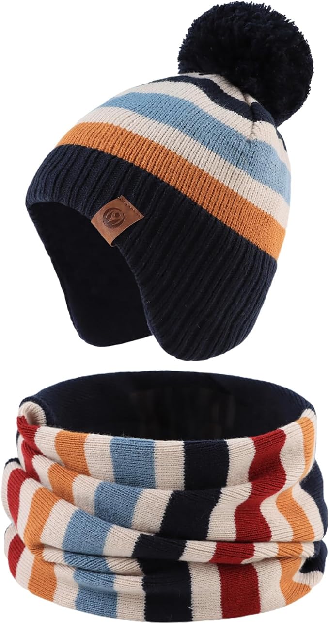 JANGANNSA Knitted Baby Hat Scarf Set Winter Warm Boys Girls Beanie Fleece Lining Toddler Kids Hats with Pompom