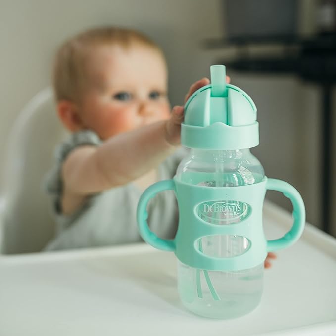 Dr. Brown's Milestones Wide-Neck Sippy Straw Bottle with 100% Silicone Handles and Weighted Straw, 9 oz/270 mL, Gray & Green, 6m+