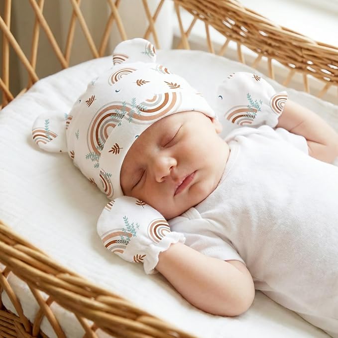 Newborn Baby Hats and Mittens Set, Cotton Infant Baby Boy Girl Bear Ears Caps - Image 7