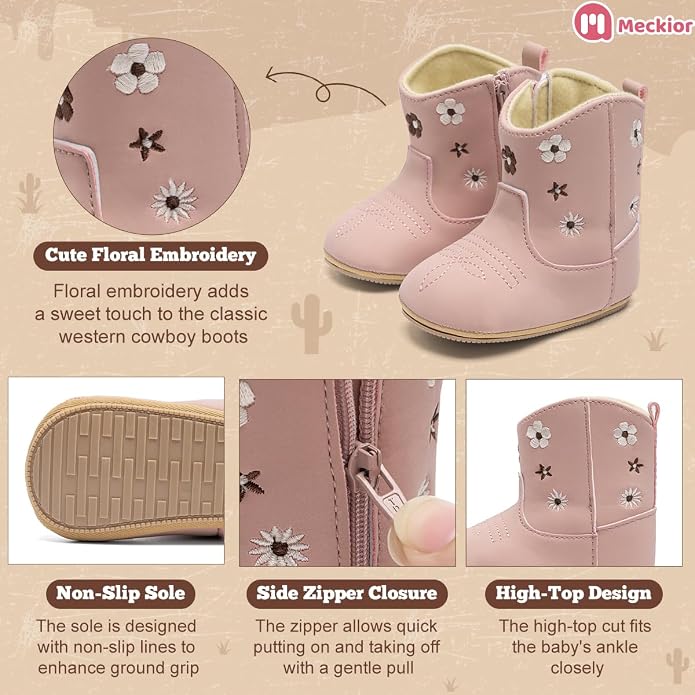 Meckior Baby Girls Cowboy Tassel Boots Side Zipper Moccasins Soft Bottom - Image 3