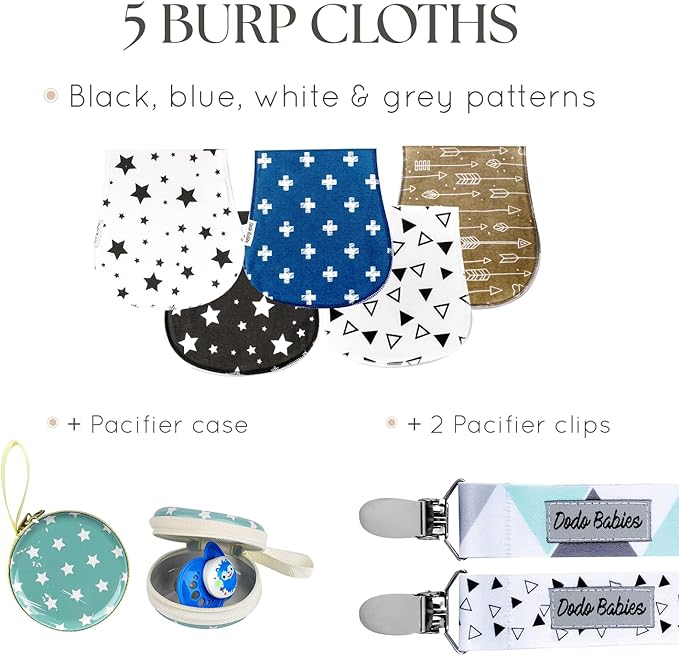 Dodo Babies 5-Pack Baby Burp Cloths - Soft Absorbent Cotton Newborn Essentials Must Haves - Spit-Up Rag & Pacifier Case with Clips - Contoured Fit Boy Burp Cloth Set - 2 Clips & Case Blue/White/Teal