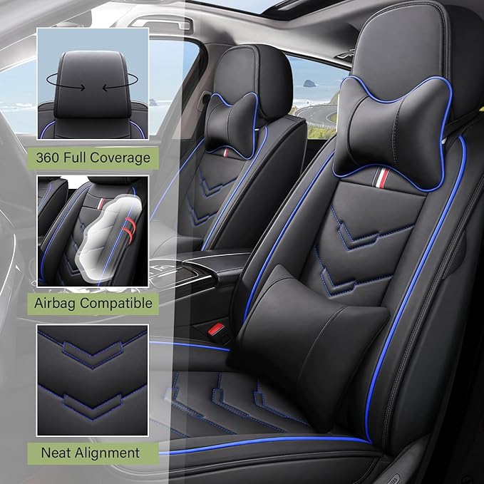 Leather Car Seat Covers Fit for LR Range Rover Evoque 2019-2025, 5 Seater Waterproof and Wear-Resistant Seat Cover Interior Accessories(Full Set with Pillow,Black&Blue)