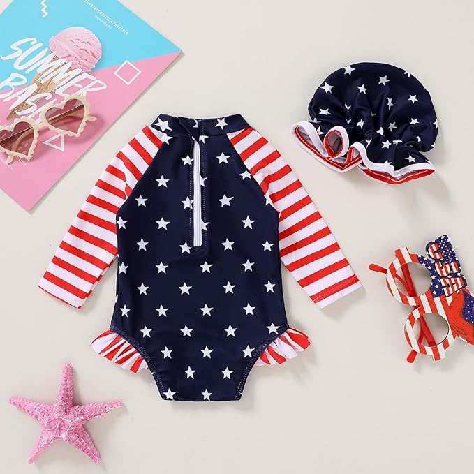 Infant Baby Girl Swimsuit One-Piece Long Sleeve Rash Guard with Hat Set Floral Zipper Bathing Suit Leopard Beach Wear