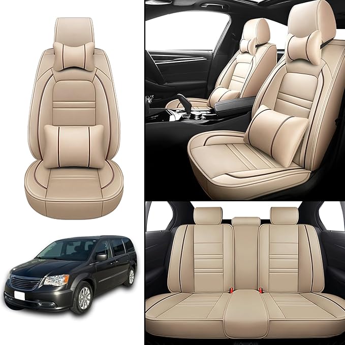 Car Seat Covers for Chrysler Car Town and Country 2000-2016 | 5-Seats Seat Covers, Waterproof Seat Protectors, Automotive Seat Covers (Full Set with Pillow,Beige)