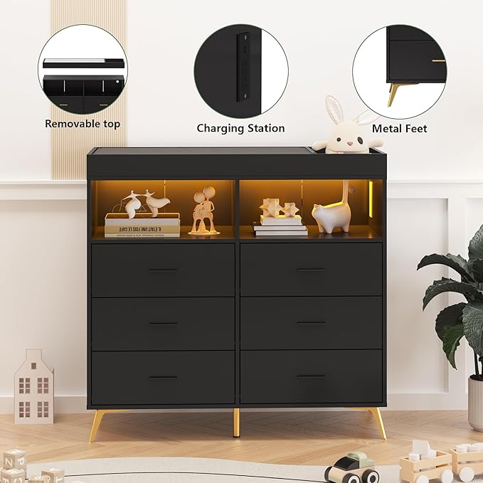 GarveeHome Dresser for Bedroom with 6 Drawers, Baby Changing Table Dresser with Changing Pad, LED Lights & Charging Station, Baby Changing Station with Changing Table Top (Black)