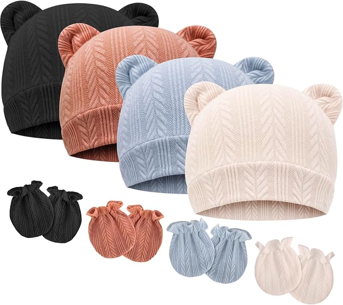 BQUBO Newborn Baby Hats Bear Ears and Mittens Sets Preemie Caps Baby Boy Girl by DRESHOW