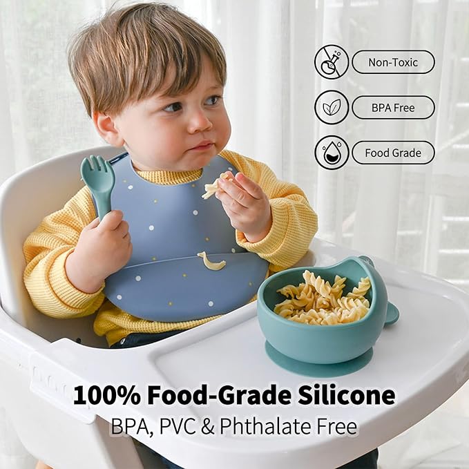 Little Rawr Baby Led Weaning Bundle, 100% Silicone Baby Feeding Set Includes Divided Plate, Suction Bowl, Straw Cup, Bib, Spoon & Fork, Develops Self Feeding Skills, Dishwasher Safe (Blue)