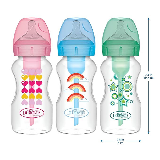 Dr. Brown's Anti-Colic Options+ Wide-Neck Sippy Bottle Starter Kit, 9oz/270mL, with Level 3 Medium-Fast Flow Nipple and Soft 100% Silicone Sippy Spout, Pink, BPA Free, 6m+
