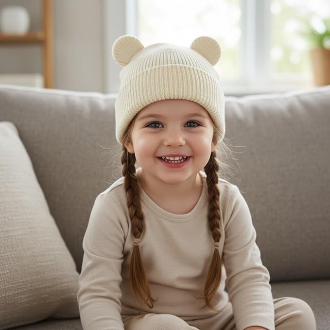 Hadetoto Cotton Baby Beanie Winter Knitted Hat, 2 Pack | Bear Ear Design - Image 2