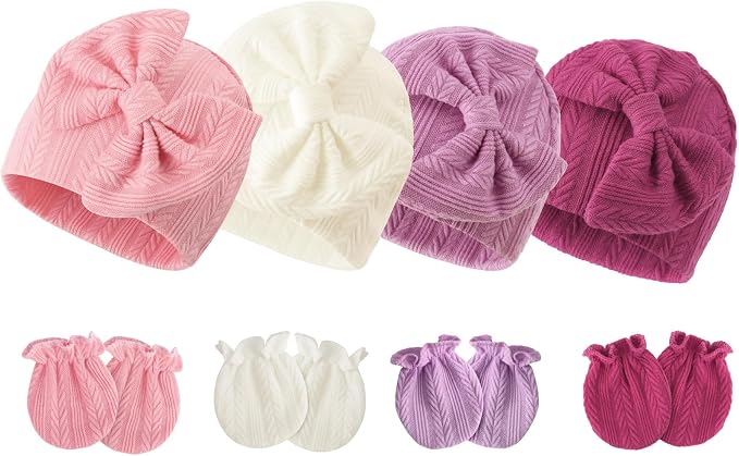 BQUBO Newborn Baby Hats Bear Ears and Mittens Sets Preemie Caps Baby Boy Girl by DRESHOW