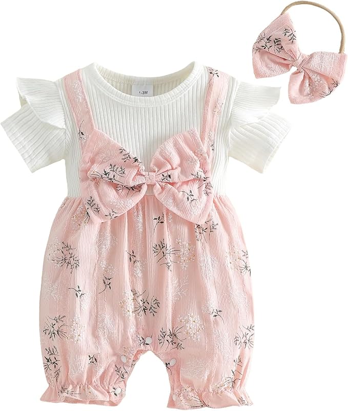 YINGISFITM Newborn Baby Girl Summer Clothes Short Sleeve Bubble Romper Bow by YINGISFITM
