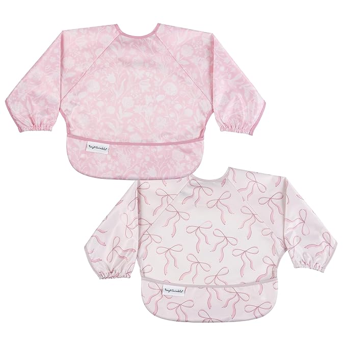 Tiny Twinkle Long Sleeve Bib for Babies & Toddlers – 2 Pack Waterproof Smock Bibs for Eating – Machine Washable & Mess-Proof, Baby Feeding Essential & Shower Must-Have (Toile,Bows, 6-24M)