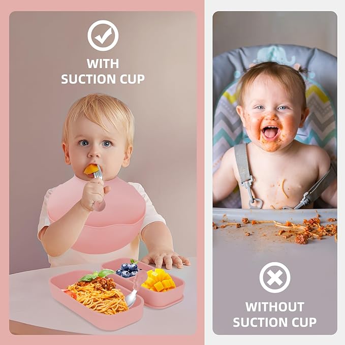Travel Silicone Baby Feeding Set with 316 Stainless Steel Spoon & Fork,Silicone Suction Plates, Foldable Bib, Storage Bag - Portable Infant Toddler Utensils, 6-Piece BPA-Free Dishware Kit（pink）