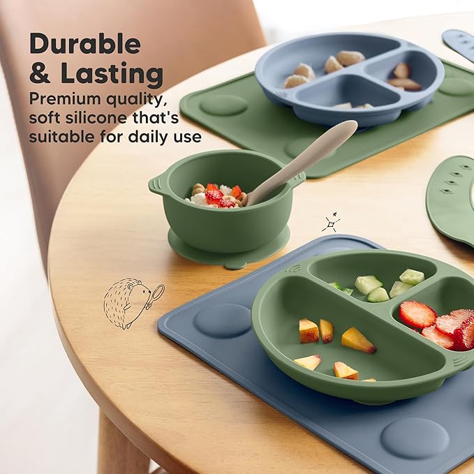 KeaBabies 2-Pack Silicone Placemats for Toddlers - 12x9 Non Slip Suction Baby Silicone Placemat for Kids Eating, Easy to Clean, Busy Travel Baby Mat for Dining Table, Food Grade/BPA-Free (Kea)