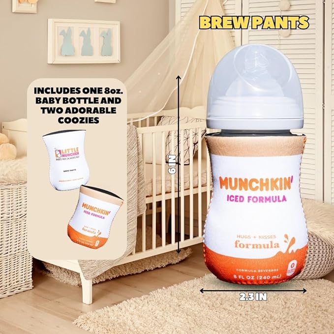 Coffee Themed Coozies for Baby Bottles - Funny Gift for New Parents & Baby Showers - (2 Premium Designed Neoprene Coozies + BPA/Lead/Phthalate Free Bottle Included)