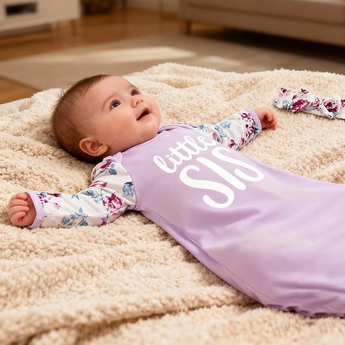 AMAWMW Newborn Baby Girl Little Sister Sleeper Gown Stripe Long Sleeve - Image 4