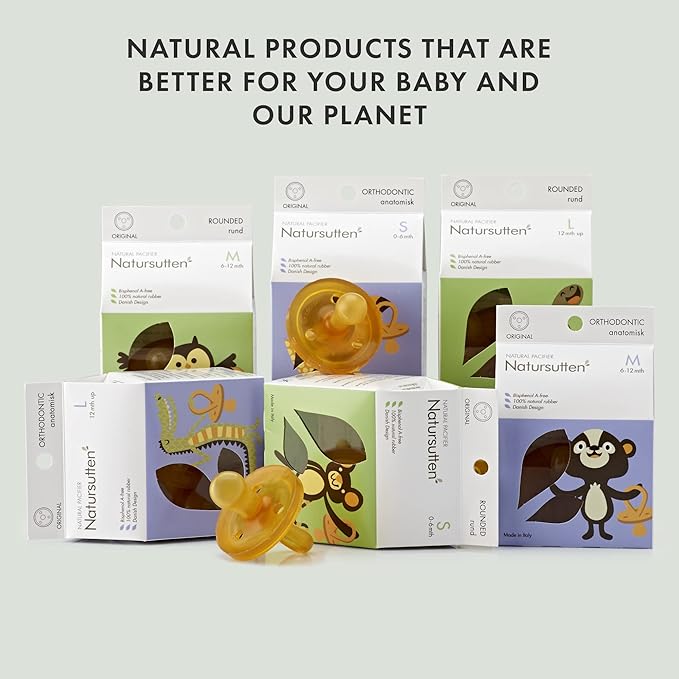 Natursutten Pacifiers 6-12 Months - 2-Pack Original Shield Round Nipple Natural Rubber Safe & Soft BPA-Free Pacifier for Breastfeeding Babies - Newborn Pacifiers Made in Italy