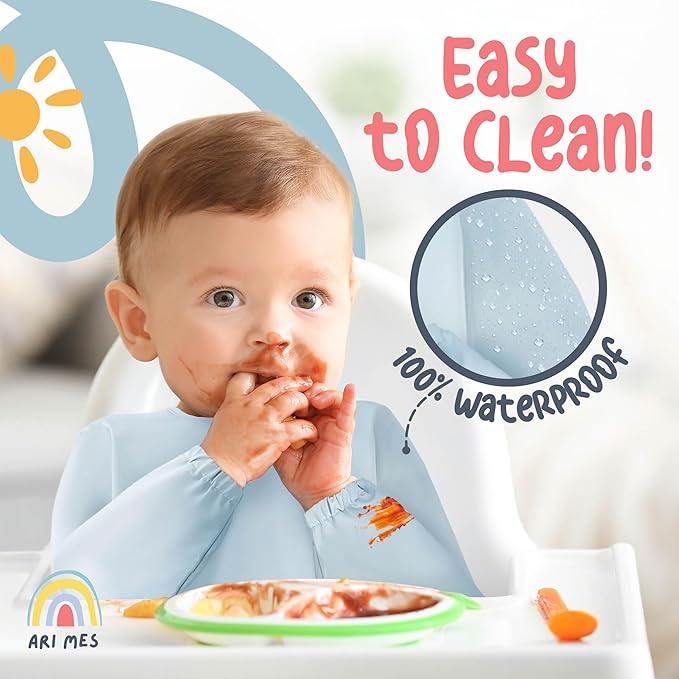 ARI MES Long Sleeves Waterproof Baby Bibs for Eating - Black Spots, Medium- Wearable, Coverall for Toddler, Long Sleeve Bib, Smock Apron for Feeding - Applicable for 6-72 Months