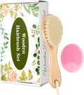 Wooden Soft Goat Bristles Brush with Baby Silicone Hair Scrubber Cradle Cap Brush for Newborn, Toddler, Infant, Baby Hair Care Kit (Pink)