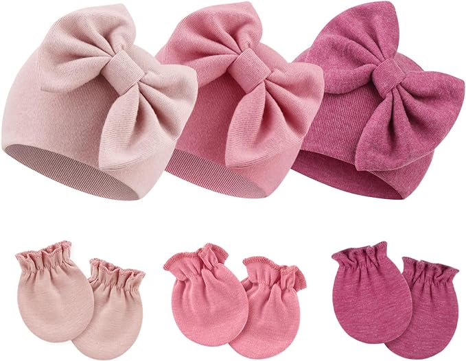 Newborn Baby Hats and Mittens Set Infant Bow Beanie Cap Toddler Gloves Newborn by AQOKKA