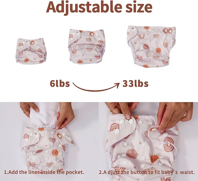 12 Set Reusable Adjustable Cloth Diapers for Newborn to 0-3 Years,One Size Washable Pocket Nappy Covers for Baby Girl and Boy,6 Pack Cloth Diapers+6pcs Microfiber Inserts(Pink)