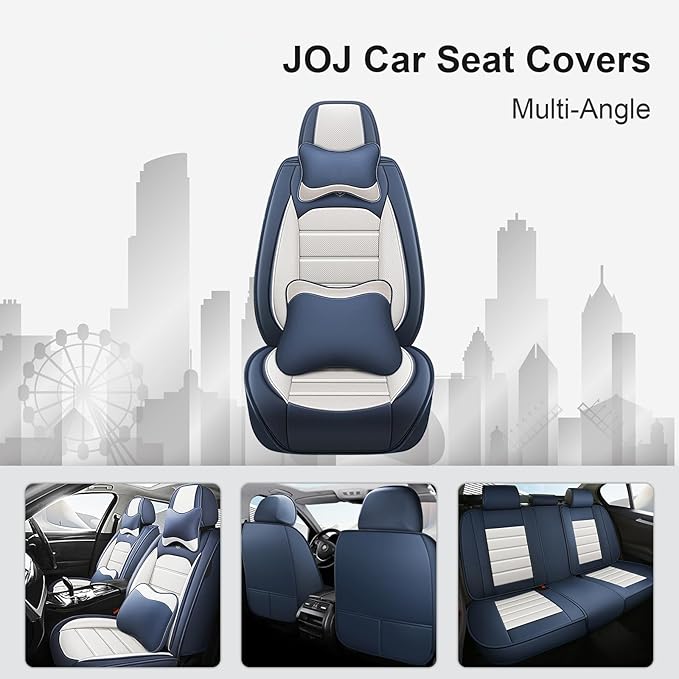 JOJ Fit for Toyota Highlander 2001-2022 Seat Covers,7 Seat Car Seat Cover,No-Slip Waterproof Breathable Faux Leather,Full Set with Pillow Steering Wheel Covers,Cream Blue