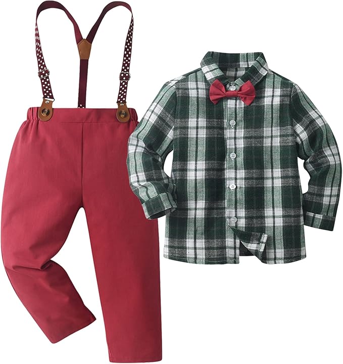 Boarnseorl Baby Boys Pants Sets,Toddler Gentleman Outfits, Infant Long Sleeve Shirt + Pants + Bow Tie + Suspenders