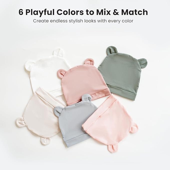 Konssy 6-Pack Baby Newborn Hats with Bear Ears Baby Beanie Hats - Soft Caps for Infant Boys & Girls, 0-3 Months