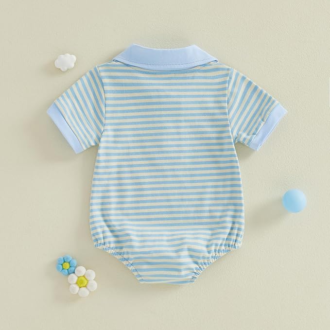 VISGOGO Baby Boy Striped Romper Waffle Short Sleeve Button Oversized Bodysuit - Image 6