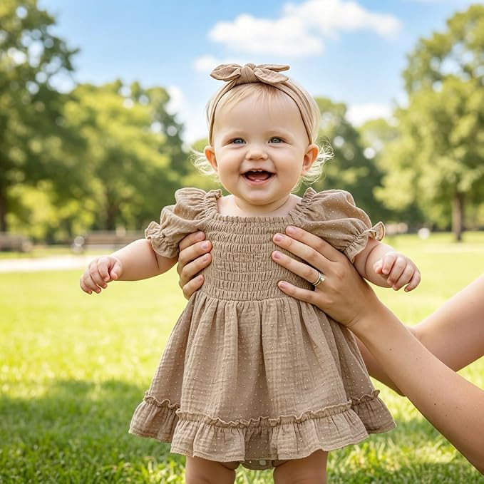 GRNSHTS Baby Girl Romper Dress, Puff Sleeve Smocked Outfit - Image 4
