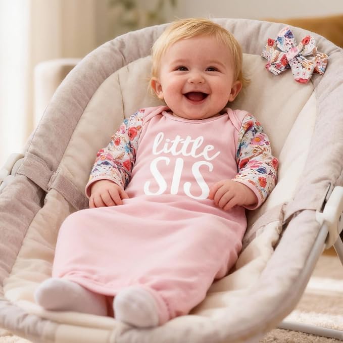 AMAWMW Newborn Baby Girl Little Sister Sleeper Gown Stripe Long Sleeve - Image 2