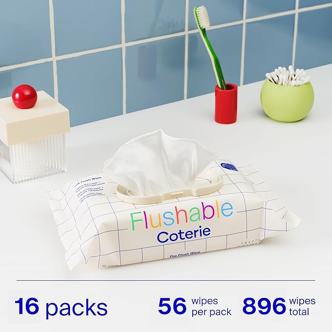 Coterie Flushable Wipes for Sensitive Skin, Hypoallergenic, 99% Water, Plant-Based Fibers, Sewer + Septic Safe to Flush, Fragrance Free Potty Training Toddler Toilet Wipes | 16 Packs (896 Count)