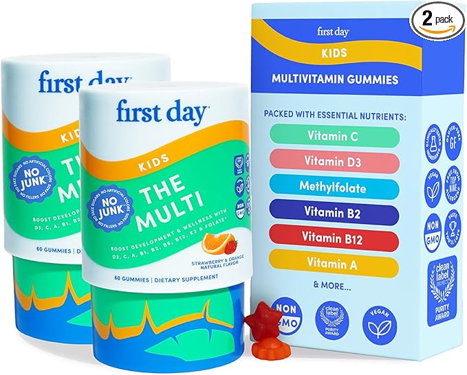 FIRST DAY Kids Multivitamin Gummies Age 4+, Strawberry & Orange - Kids Vitamins Multivitamin Gummy A C D3 K2 B1 B2 B6 B12 Folate, Immunity & Brain Function, Vegan - 60 Day Supply, Packaging May Vary