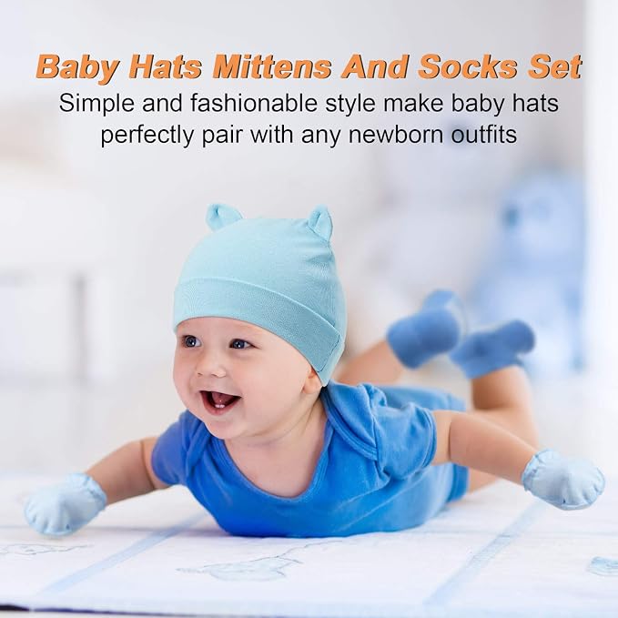 Syhood 4 Sets Baby Hat Mittens Socks Bear Ear - Image 5