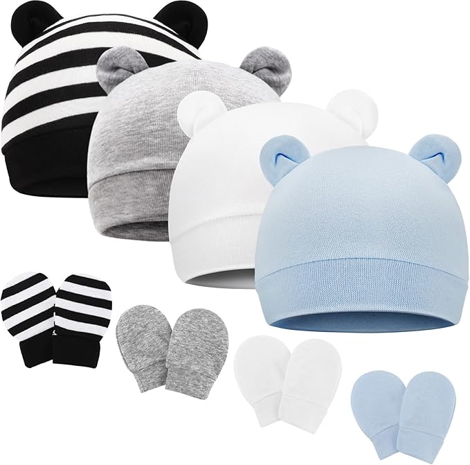 BQUBO Newborn Baby Bear Ears Hats and Mittens Sets Preemie Cotton Caps Baby Boy by DRESHOW
