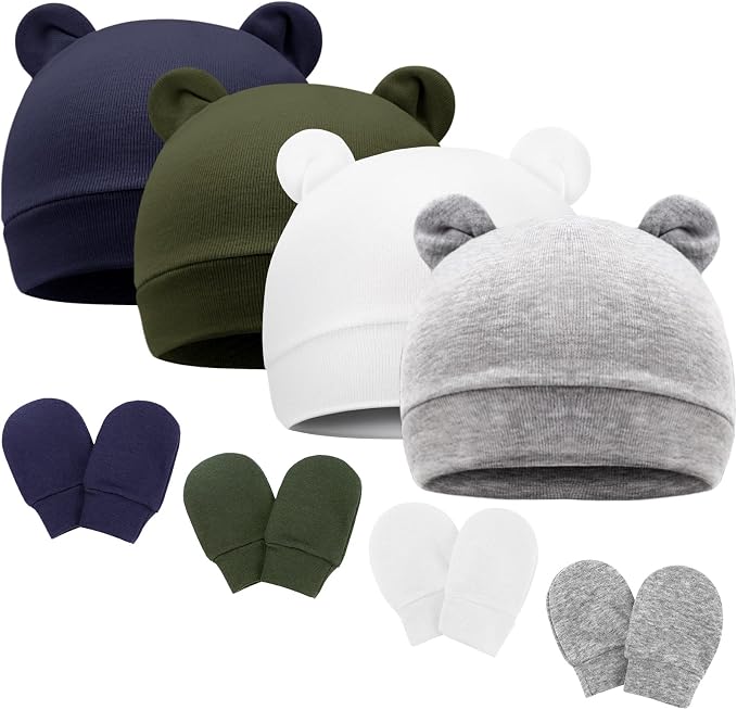 BQUBO Newborn Baby Bear Ears Hats and Mittens Sets Preemie Cotton Caps Baby Boy by DRESHOW
