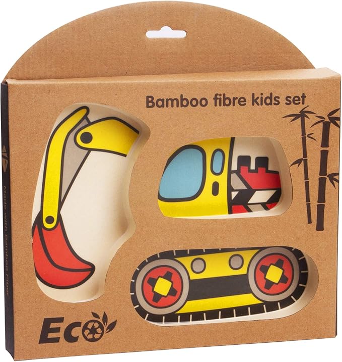 Kids Plates - 3-Piece Bamboo Toddler Plates Dinnerware Set - Divided Plate, Baby Spoon & Fork - Teaches Portion Control