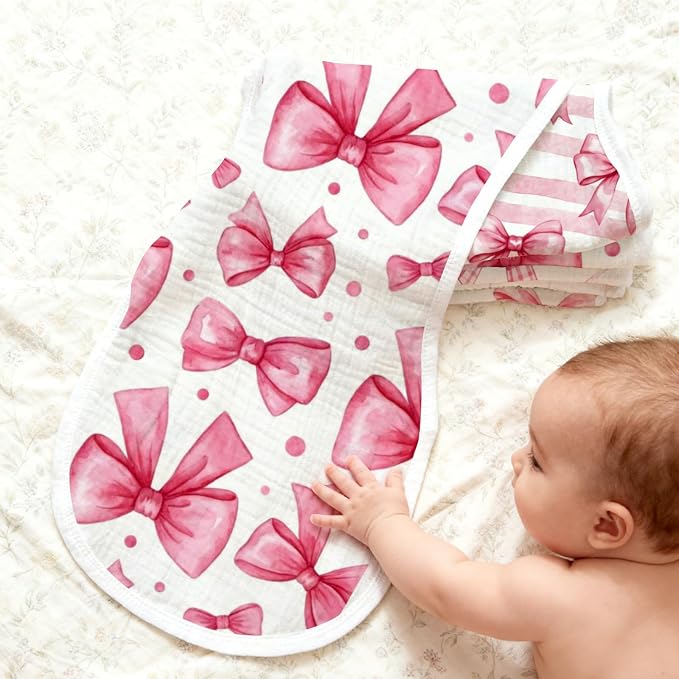 6 Pack Pink Bow Baby Burp Cloths, 20x10 Contoured Burp Rags - Image 4