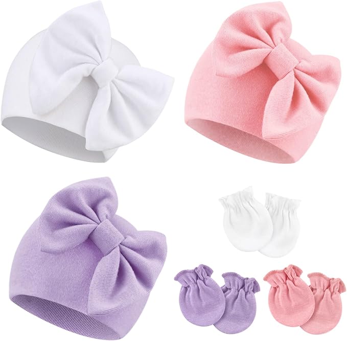 Newborn Baby Hats and Mittens Set Infant Bow Beanie Cap Toddler Gloves Newborn by AQOKKA