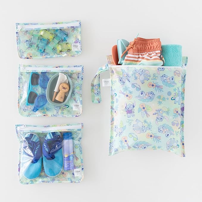 Bumkins - Waterproof Wet Bag & Clear Travel Bags - For Beach, Baby, Travel, Swim Suit, Cloth Diapers, Pump Parts, Pool, Gym, Toiletries - Reusable & Easy to Clean - Disney Stitch - 4 Pack