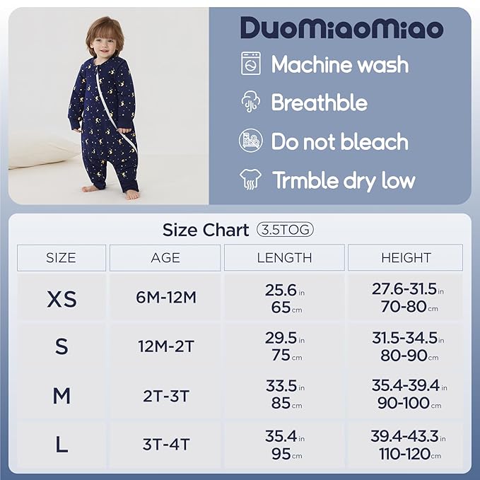 Duomiaomiao 3.5 TOG Toddler Sleep Sack 2-3T 100% Cotton Winter Side Open Zipper Baby Sleep Sack with Feet, Warm Toddler Wearable Blanket