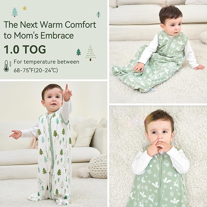 Baby Sleep Sack 6-12 Months 1.0 Tog Baby Wearable Blanket 100% Cotton Sleeping Sack with 2-Way Zipper for Infant Newborn Green Tree