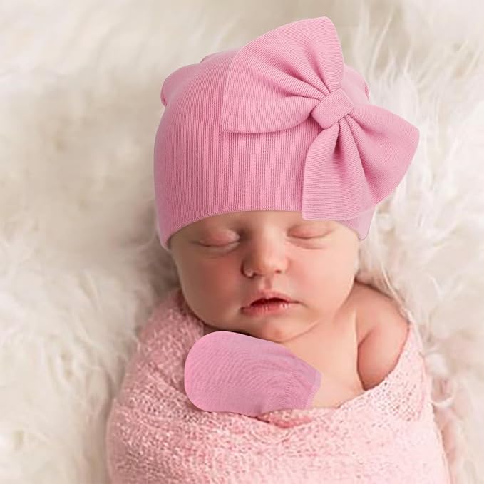 BQUBO Newborn Girls Hats Baby Hat and Mittens Set Infant Caps Bow Hospital - Image 3